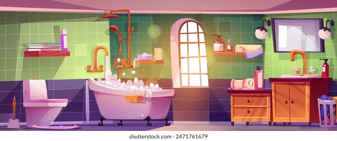 Interior del baño con bañera y tazón de inodoro, armario y espejo, productos de limpieza y toallas. Espacio de ducha de Vector de dibujos animados con ventana y alfombra en el suelo. Concepto de higiene, salud y cuidado corporal.