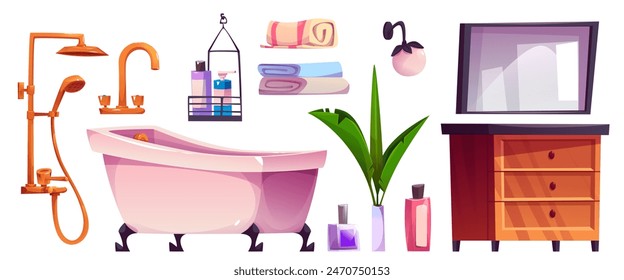 Badezimmer Innenausstattung, Ausstattung und Zubehör. Cartoon Vektorgrafik Set von Dusche und Toilettengegenständen für Hygiene, Gesundheit und Körperpflege - weiße Badewanne und Spiegel, Schrank und Reinigungsprodukte.