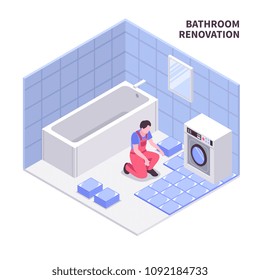 Bath room repair isometric composition in white blue color with laying tiles, sanitary equipment, vector illustration 
