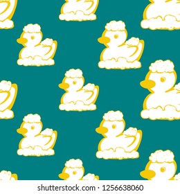 Bath rubber duck. Cute modern flat vector illustration on blue background. Kids daily routine cartoon seamless pattern