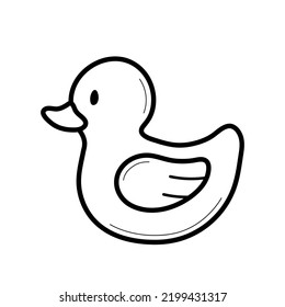 Bath rubber duck. Hand drawn sketch icon of baby toy. Isolated vector illustration in doodle line style.