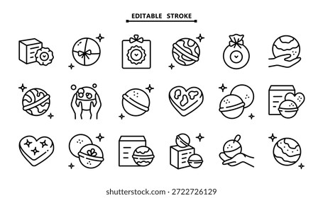 Conjunto de iconos de bomba de sales de baño. Trazo editable. Vector ilustración simple del concepto de belleza. Embalaje de bomba de baño. Espumosas bolas de sal marina para aromaterapia y relajación.
