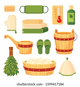Bath and sauna accessories flat vector illustrations set. Finnish steam room washing tools. Cartoon soap, towels and shampoo bottle isolated on white background. Wooden bucket, bowl and birch broom
