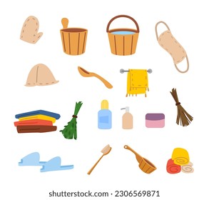 Bath and sauna accessories icons set, flat vector illustration isolated on white background. Accessories for wellness hygiene procedures in steam room and sauna.