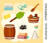 Bath and sauna accessories set. Wooden brown wellness ladle with bucket and massage green leafy broom barrel full hot black coals and rolls clean terry towels. Vector pure relaxation.