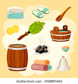 Bath and sauna accessories set. Wooden brown wellness ladle with bucket and massage green leafy broom barrel full hot black coals and rolls clean terry towels. Vector pure relaxation.
