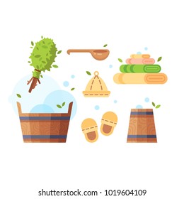 Bath and sauna icons. Bathhouse broom accessories, wooden bucket, towels, ladle and slippers. Vector flat style illustration set