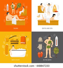 Bath sauna and mineral spa resort center concept 4 flat icons square composition poster abstract isolated vector illustration