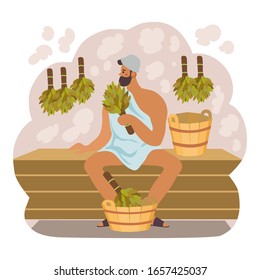 Bath Sauna Poster Man Keeps Broom Stock Vector (Royalty Free