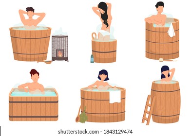 Bath, Sauna And Spa Procedures. People In Banya. Relaxation Body Care And Therapy, Aromatherapy And Wellness. Hygiene And Regeneration With Warm Water. Men And Women Taking Bath, Washing Their Bodies