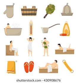 Sauna de baño y accesorios de balneario conjunto de iconos planos con cubeta termómetro de toallas ilustración vectorial aislada abstracta