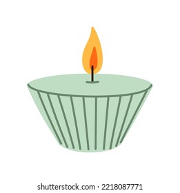 Bath scented wax candle with burning lid isolated bathroom aromatic relaxation accessory. Vector meditation or religion candle, bath decoration object