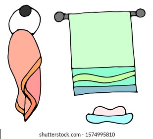 Bath set, colorful towels. Hand drawn doodle background. Hand-drawn vector illustration isolated on a white background. Soap, towel.