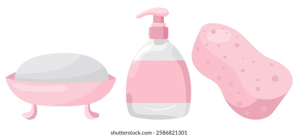 Bath set icon. Bar of soap in a dish, liquid soap dispenser, and sponge. Used for personal hygiene and body care.