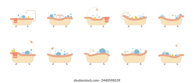 Bath set icon vector. Bathroom cute color concept icon. Simple shower vector. A bathtub in a simple multi-colored style. Interior icon for web design. Bathroom furniture.