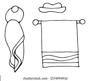 Bath set, multi-colored towels. Hand drawn doodle background. Hand drawn vector illustration isolated on white background. Soap, towel.