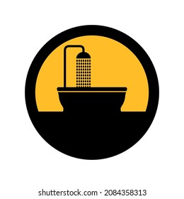 Bath and shower, black and yellow colors, round sign for design on a white background, vector illustration