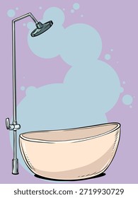 Baño con ducha. Vida cómoda en el lujo. Acogedor interior de baño. Pop Arte Retro Ilustración vectorial Kitsch Antiguas 50s 60s Estilo