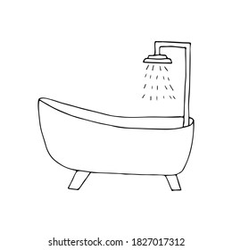 Bath with shower doodle illustration in vector. Hand drawn icon of bath with shower in vector