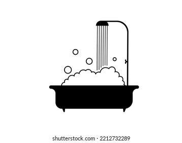 Bath With Shower And Foam. A Jet Of Water Pours From The Shower, Soap Suds And Bubbles. Vector Flat Single Color Icon.