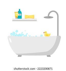 Bath with shower and foam. Rubber duck for swimming in the bath. Interior on a white background. Shelf with shampoo and soap