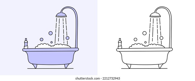 Bath with shower foam. Vector flat color and single color line drawings.