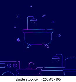 Bath with shower gradient line vector icon, simple illustration on a dark blue background, Plumbing related bottom border.