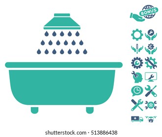 Bath Shower icon with bonus configuration clip art. Vector illustration style is flat iconic cobalt and cyan symbols on white background.
