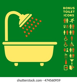 Bath Shower icon and bonus gentleman and female restroom symbols. Vector illustration style is flat iconic bicolor symbols, orange and yellow colors, green background.