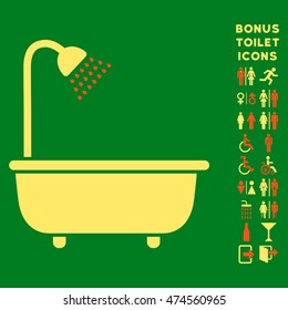 Bath Shower icon and bonus gentleman and woman toilet symbols. Vector illustration style is flat iconic bicolor symbols, orange and yellow colors, green background.
