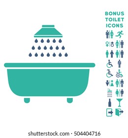 Bath Shower icon and bonus gentleman and lady toilet symbols. Vector illustration style is flat iconic bicolor symbols, cobalt and cyan colors, white background.