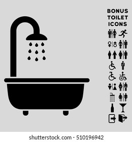 Bath Shower icon and bonus gentleman and lady WC symbols. Vector illustration style is flat iconic symbols, black color, light gray background.