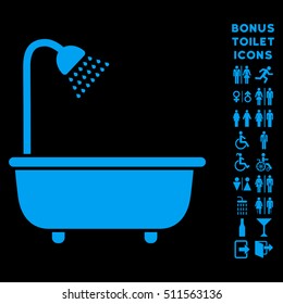 Bath Shower icon and bonus gentleman and woman toilet symbols. Vector illustration style is flat iconic symbols, blue color, black background.