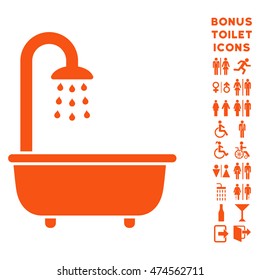 Bath Shower icon and bonus male and woman toilet symbols. Vector illustration style is flat iconic symbols, orange color, white background.
