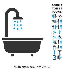 Bath Shower icon and bonus man and female restroom symbols. Vector illustration style is flat iconic bicolor symbols, blue and gray colors, white background.
