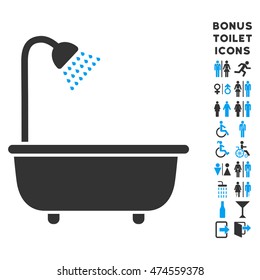 Bath Shower icon and bonus man and lady lavatory symbols. Vector illustration style is flat iconic bicolor symbols, blue and gray colors, white background.