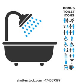 Bath Shower icon and bonus man and lady restroom symbols. Vector illustration style is flat iconic bicolor symbols, blue and gray colors, white background.