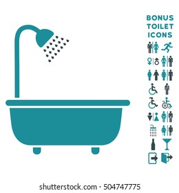 Bath Shower icon and bonus man and woman restroom symbols. Vector illustration style is flat iconic bicolor symbols, soft blue colors, white background.