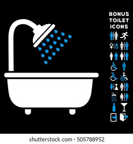 Bath Shower icon and bonus man and woman lavatory symbols. Vector illustration style is flat iconic bicolor symbols, blue and white colors, black background.