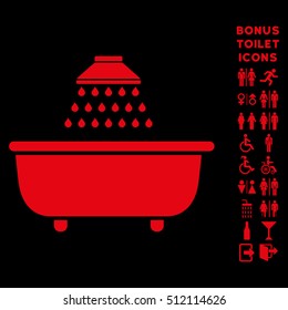 Bath Shower icon and bonus man and lady WC symbols. Vector illustration style is flat iconic symbols, red color, black background.