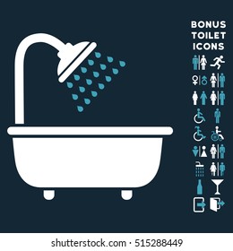 Bath Shower icon and bonus man and female restroom symbols. Vector illustration style is flat iconic bicolor symbols, blue and white colors, dark blue background.