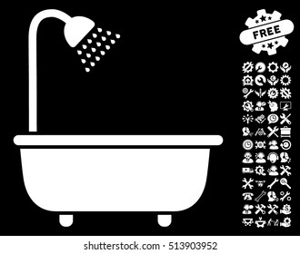 Bath Shower icon with bonus options clip art. Vector illustration style is flat iconic white symbols on black background.