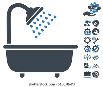 Bath Shower icon with bonus service pictograms. Vector illustration style is flat iconic smooth blue symbols on white background.