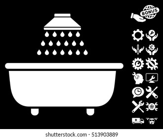 Bath Shower icon with bonus settings design elements. Vector illustration style is flat iconic white symbols on black background.