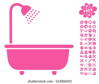 Bath Shower icon with bonus tools design elements. Vector illustration style is flat iconic pink symbols on white background.