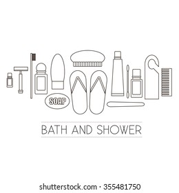 Bath and shower icon collection made in line vector style.Icon set of hotel personal hygiene supplies. Vector template for business card and banner.