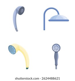 Ícones de banho definir o vetor de desenhos animados. Banho cromado e chuveiro. Equipamento para douche e banho
