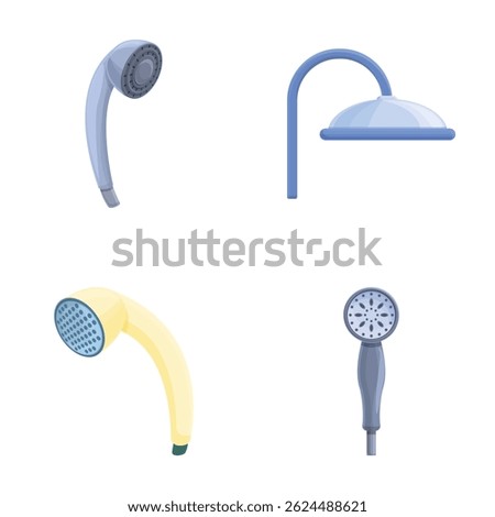 Bath shower icons set cartoon vector. Chrome bath and shower head. Equipment for douche and bath