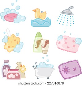 Bath Shower icons, with Soap, Bubble, rubber Duck, Sponge,  Shampoo, Conditioner, Bathing Cap, Bath tub, Salt, Bath. Vector illustration Cartoon.