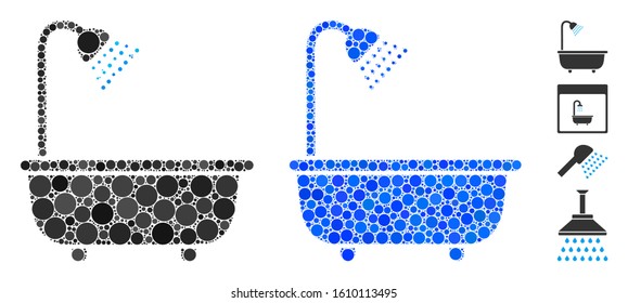 Bath shower mosaic of filled circles in variable sizes and color tinges, based on bath shower icon. Vector filled circles are organized into blue collage.